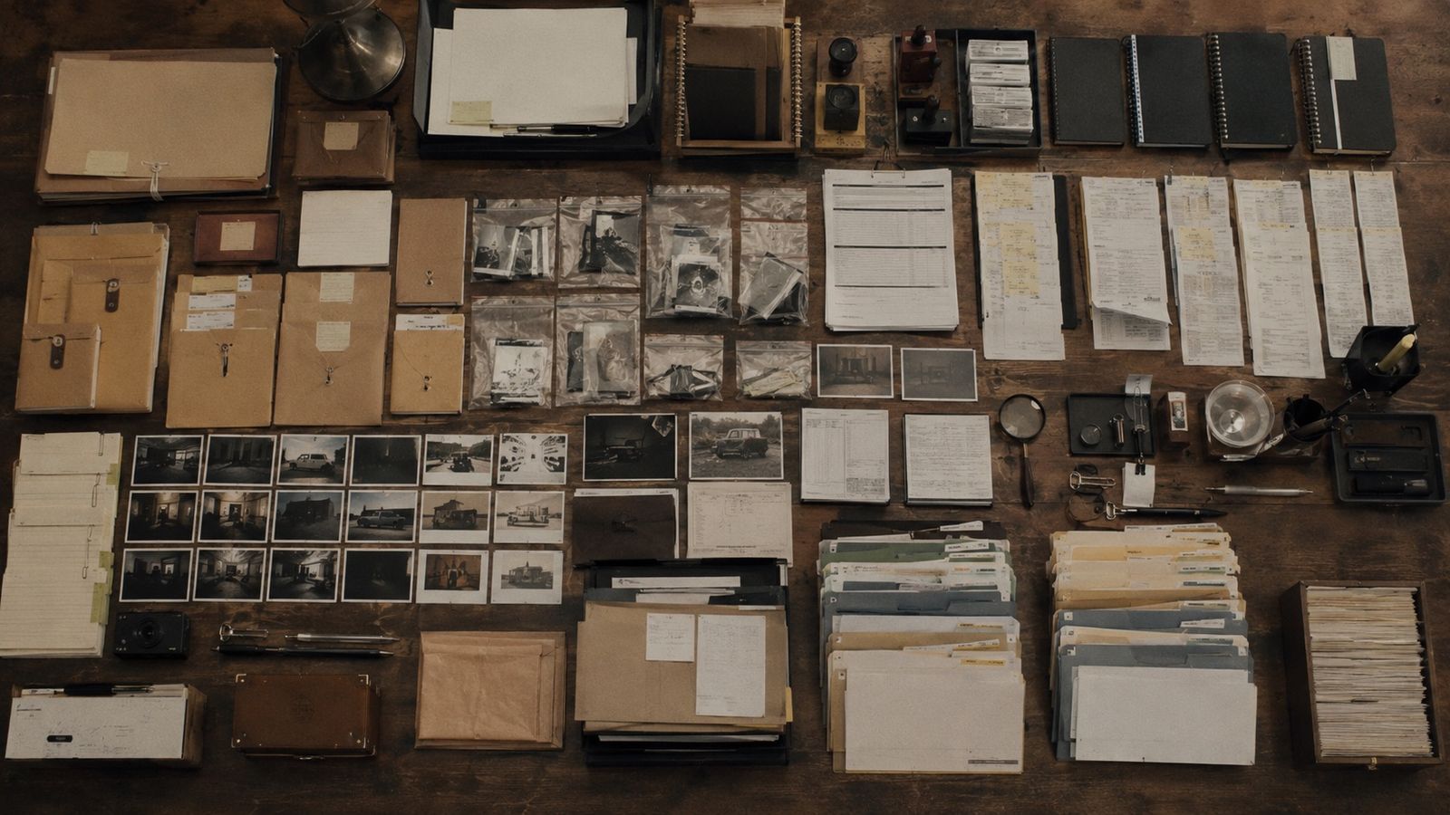 Organized claim files, photos, notes, and evidence laid out on a desk