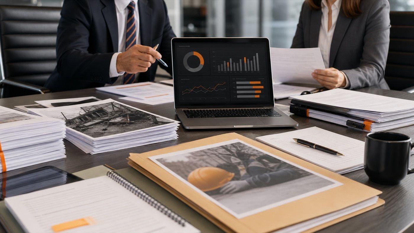 Self-insured claims program desk with incident reports and claim metrics